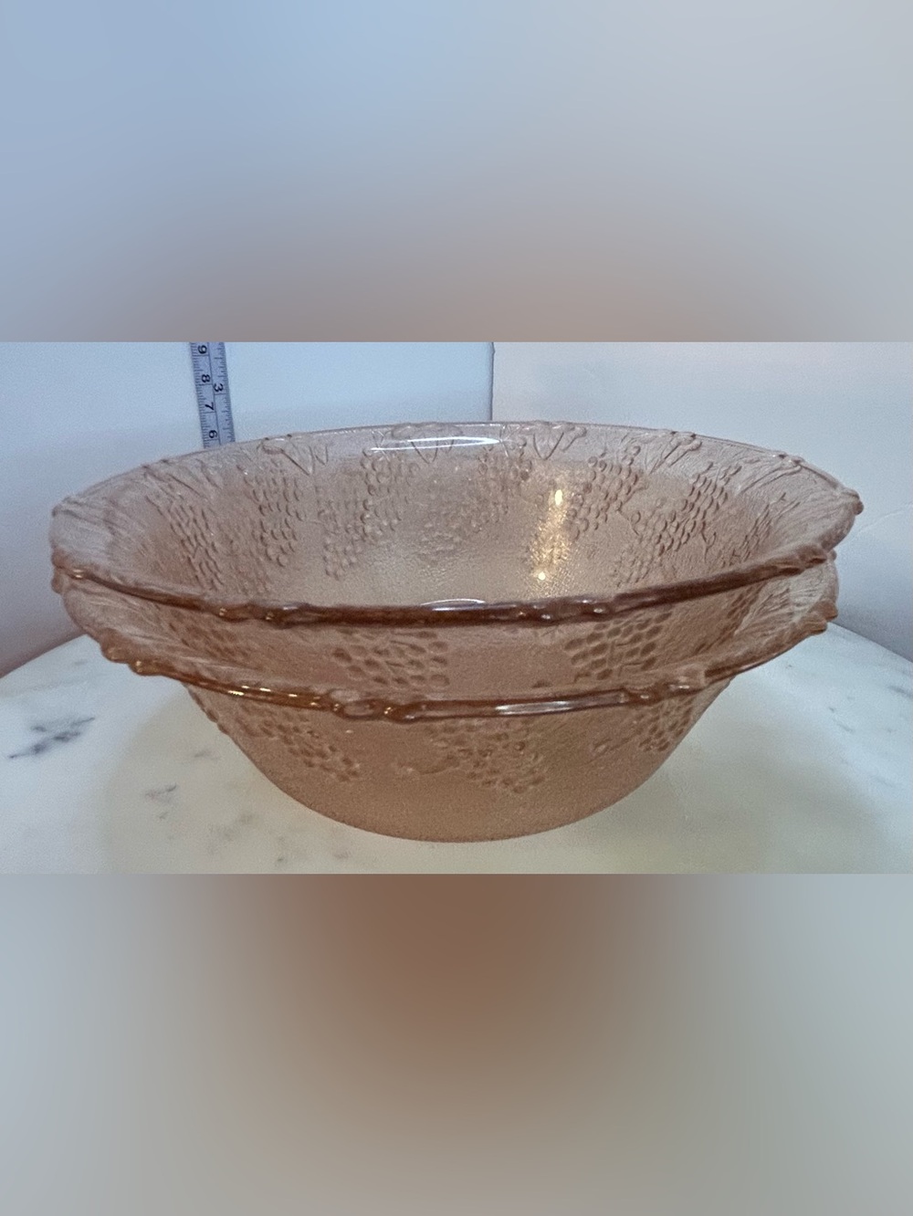 Vintage KIG Pink Depression Glass Grape Pattern Scalloped Rim Bowls Set of 2